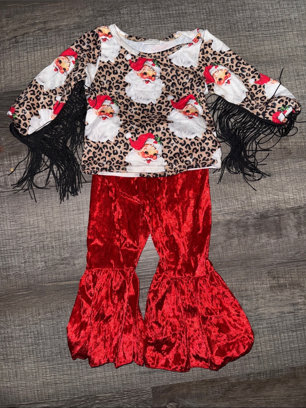Girls Red Santa Velvet Bell-Bottom Costume Set with Leopard Top
